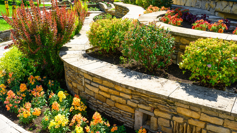 pretty retaining wall in home landscape