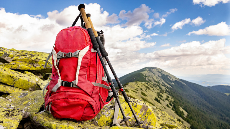 A red rucksack and hiking poles on a rock with a view of mountains