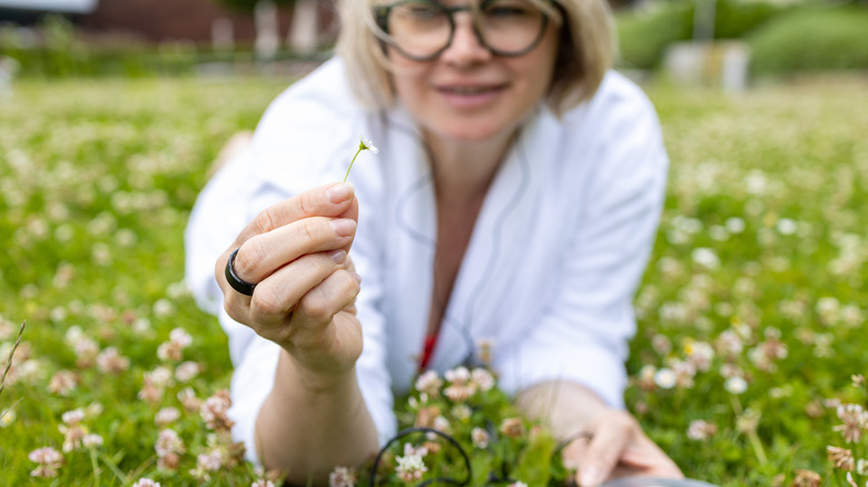 A woman in white lying down in a clover lawn, with a flower in her hand