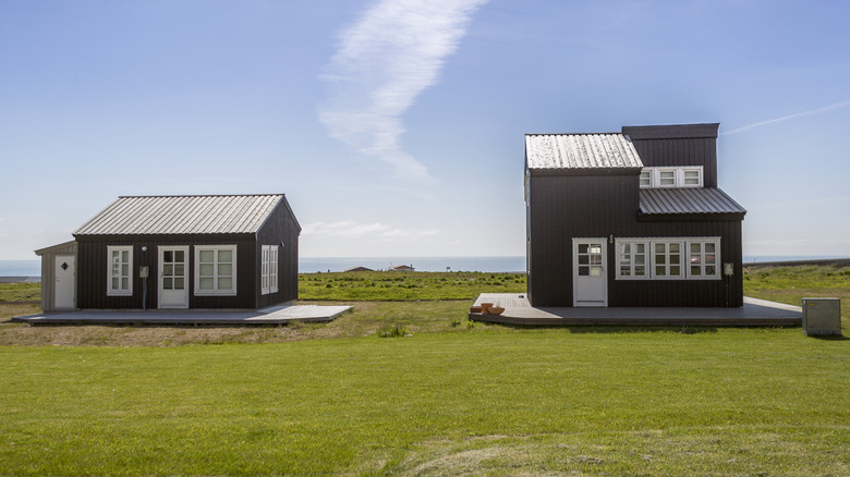 A row of hedges and trees along a dark gray fence for privacy