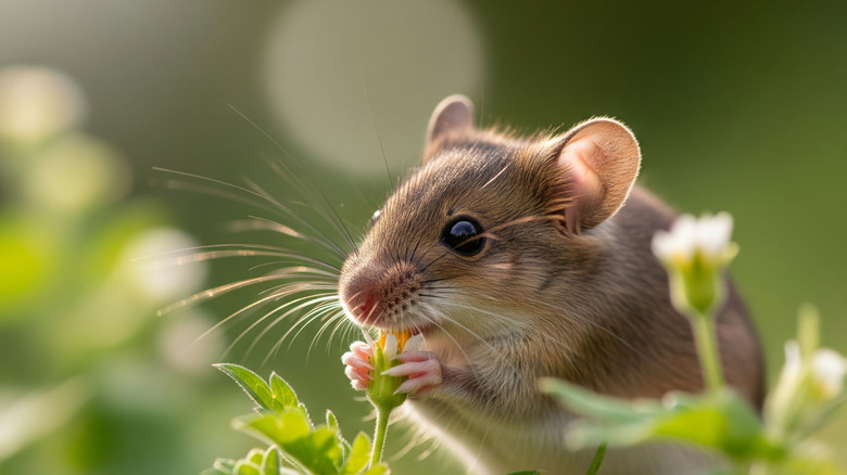 Mouse holding small white flower in a garden