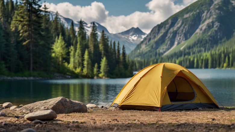 Tent pitched near an alpine lake