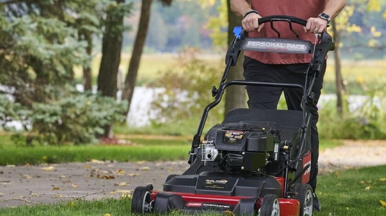A person pushing a Toro mower