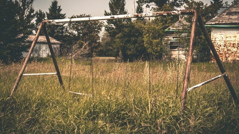 Rusty swing set in overgrown field