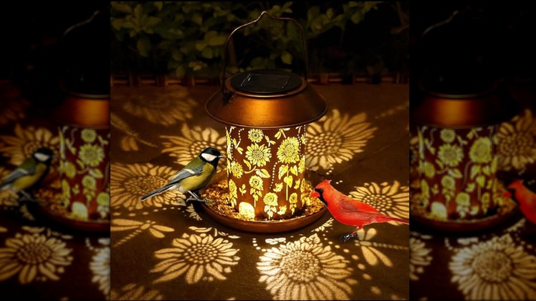 A solar bird feeder emits light for the birds