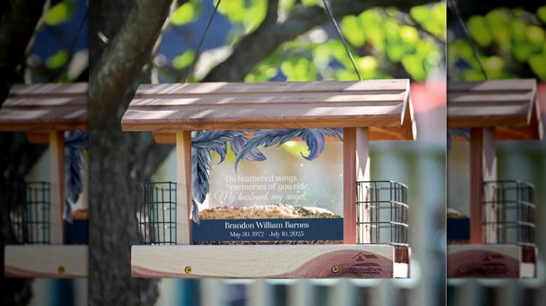 A bird feeder memorial honoring a departed loved one
