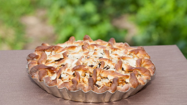 Pie in a metal pie tin outside on a table