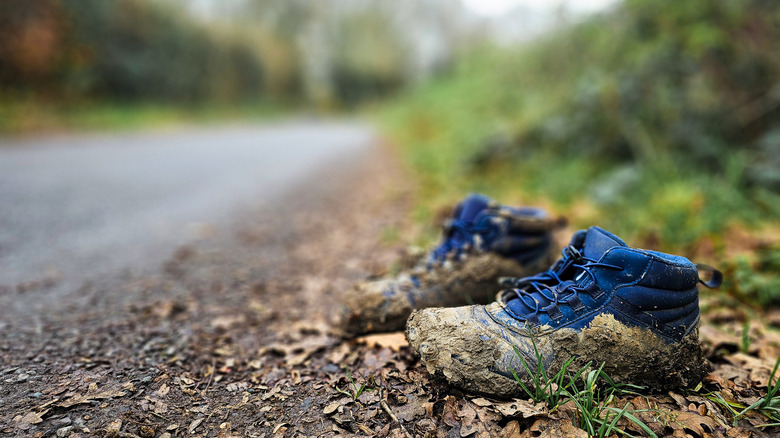 An old pair of hiking boots sitting on a roadside