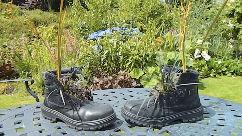 A pair of old hiking boots turned planters on a patio table
