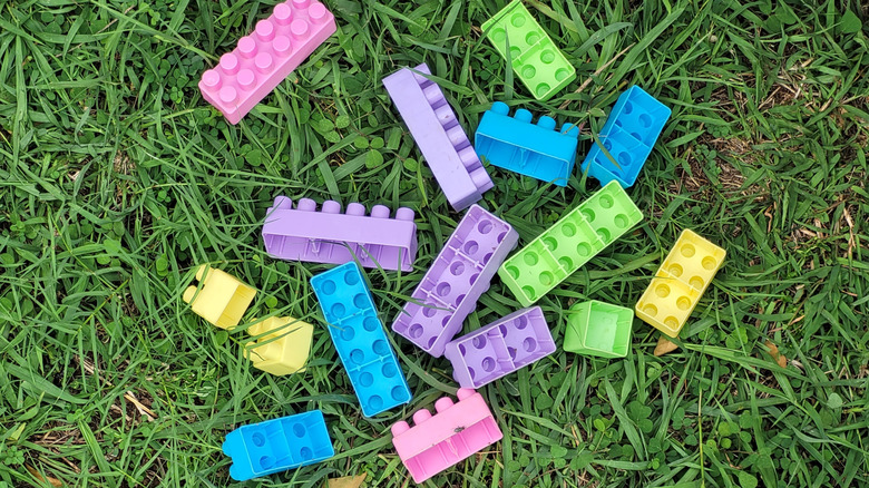 Colorful Lego bricks in grass