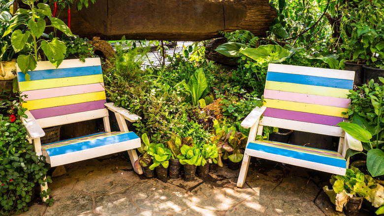 Colorful chairs in a garden