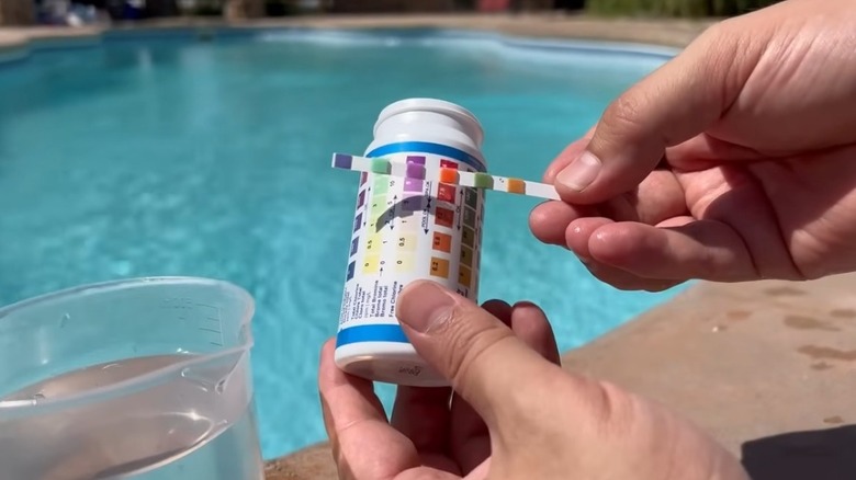 Testing a pool's chlorine level with strip