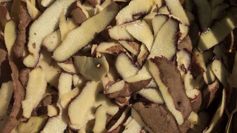 Many potato peels prepared for compost or pest control