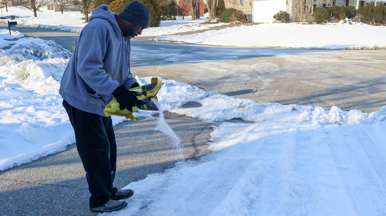 Man pours rock salt on driveway