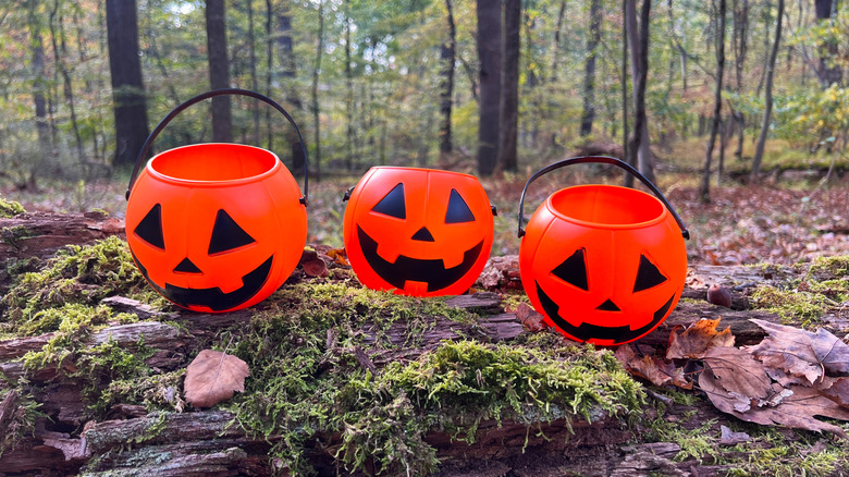 Plastic pumpkins in the woods