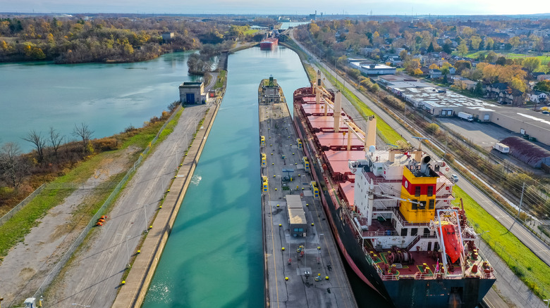 The lock on the St. Lawrence Seaway, with blue water and boats