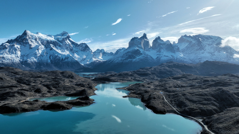 Snowy mountains and blue lakes in the Torres del Paine National Park, Chile