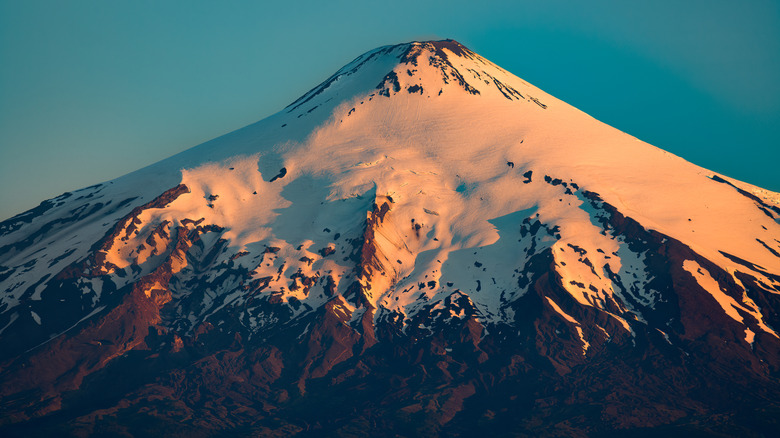 A view of the Villarica Volcano at sunset