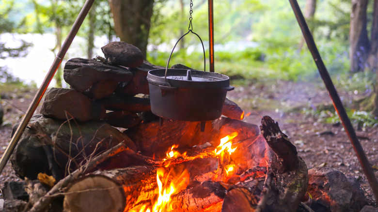 Pot hanging over a campfire