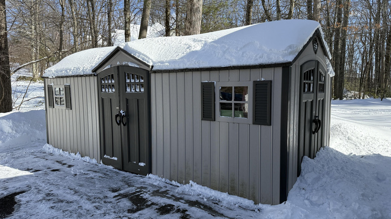 Plastic shed with snow on the roof
