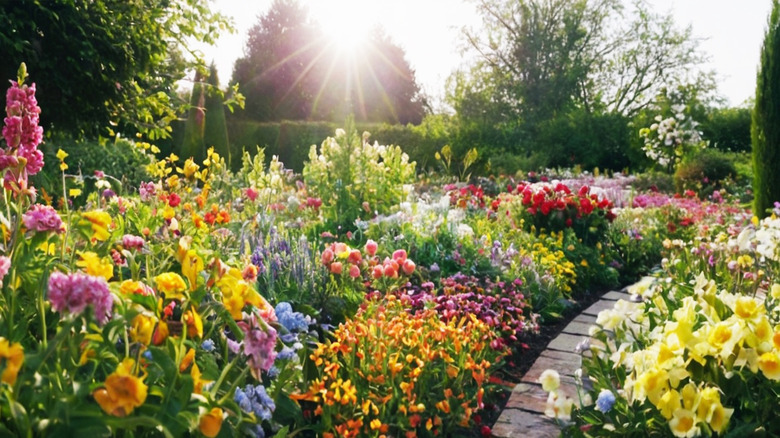 Large flower garden bursting with color and many flower types