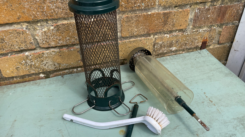 Bird feeder parts drying after being washed