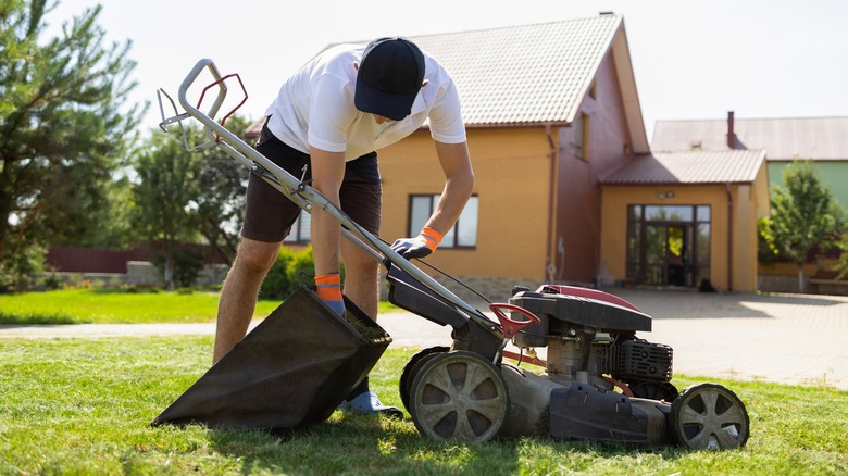 A man disconnects a grass catcher from a black push lawn mower