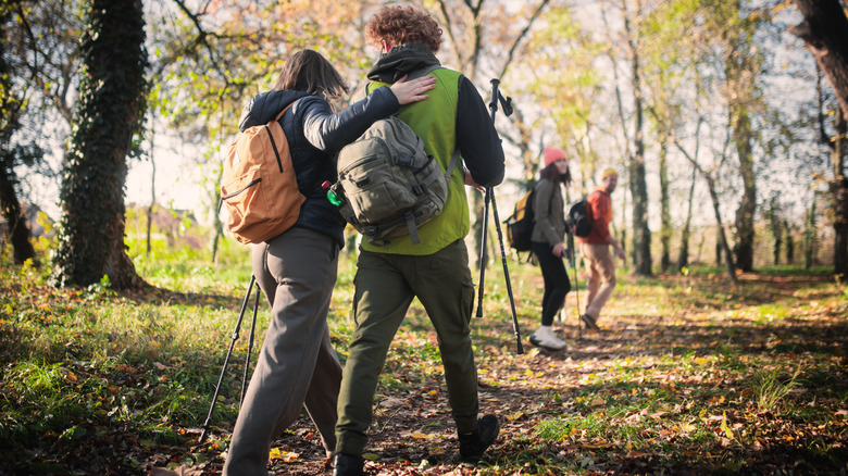 A group of friends hiking in the woods