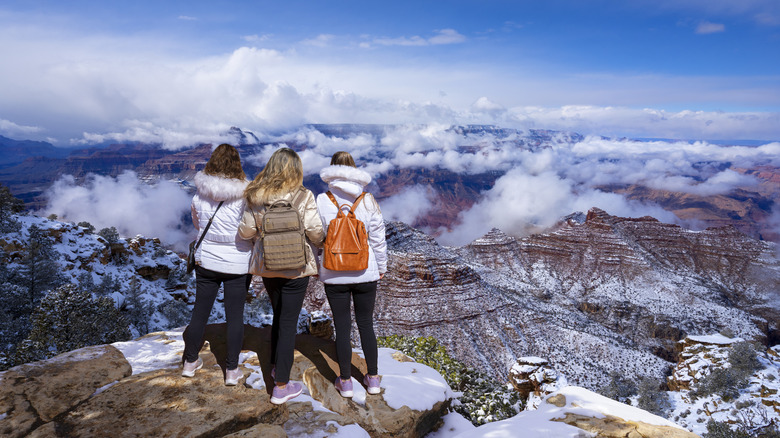 A group of visitors admiring a wintry scene at the top of the Grand Canyon