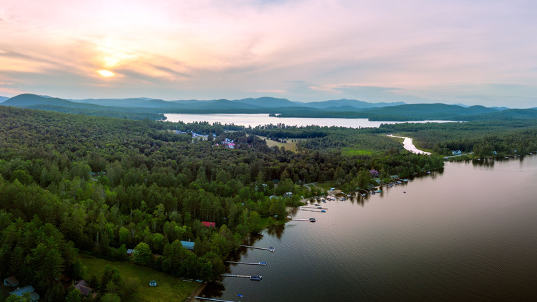 Aerial view of Speculator, NY with Lake Pleasant in front