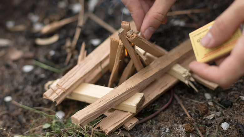 Starting campfire with kindling
