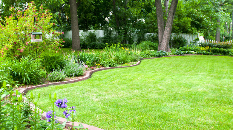 Well-kept lawn with brick edging, bird feeders, plants,flowers, and large trees