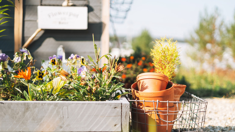 flowers planted in the raised bed with a basket of terra cotta pots next door