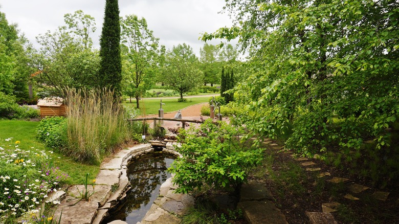 A small river and pathway in the Reiman Gardens surrounded by green trees