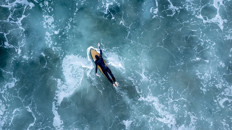 Surfer paddling on board in ocean