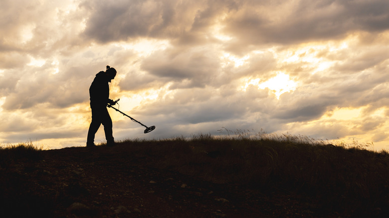 Man with metal detector on hill