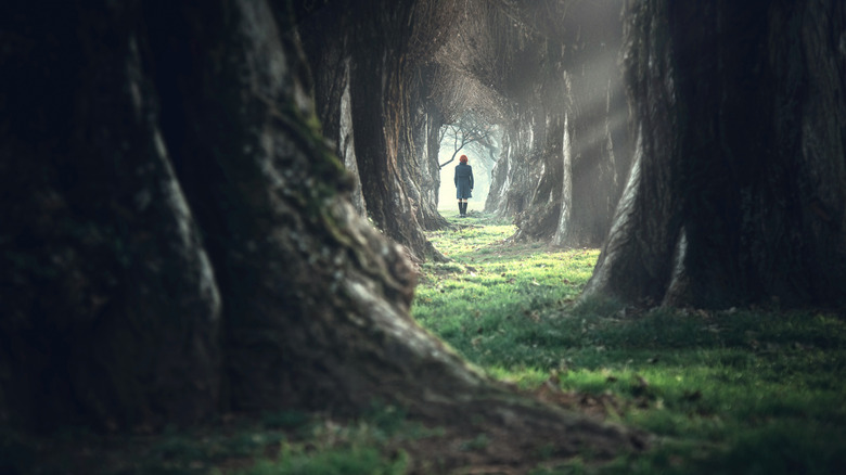 Woman walking deep in forest