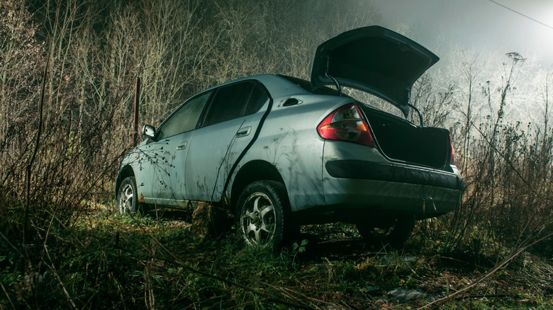 Abandoned car on the edge of an eerie forest
