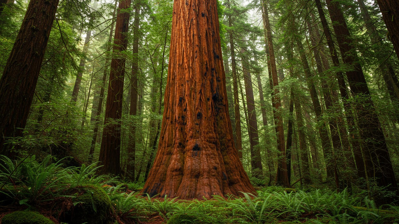 Tall, deep red redwood trees in Redwood State Park