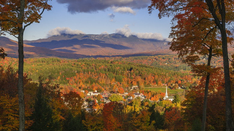 Stowe in fall with Mount Mansfield in background