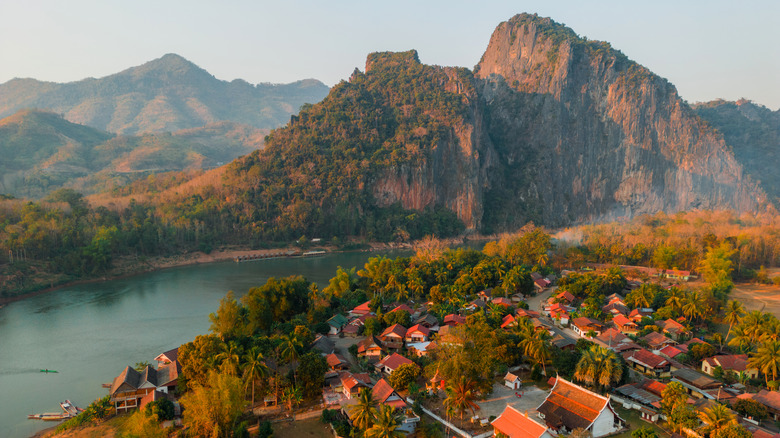 Ariel view of mountains, Mekong Review, and town of Luang Prabang