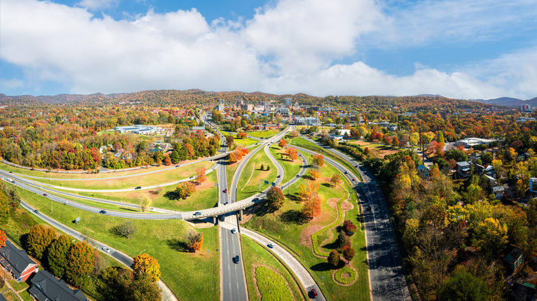 Aerial view of Asheville, NC, in the fall
