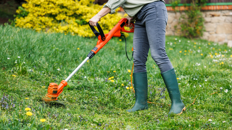 Gardener using an electric weed trimmer
