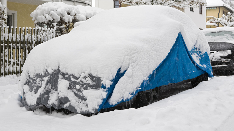 Tarp over car for snow removal