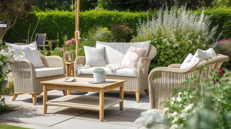 A calming outdoor seating area with rattan furniture, wooden table, and a parasol