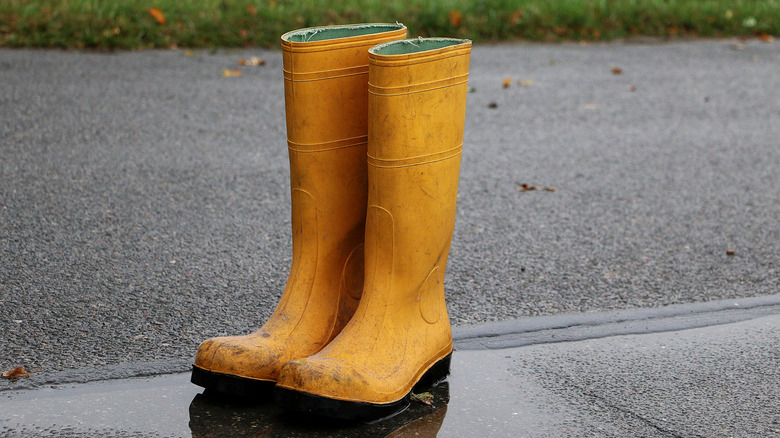 old yellow rain boots outside
