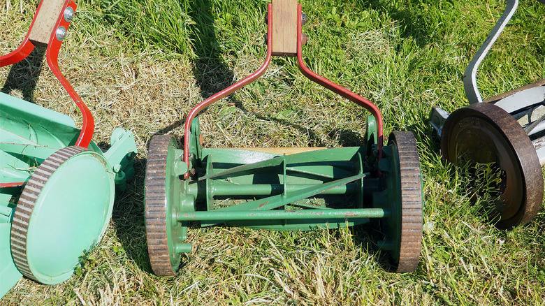 Reel style lawn mowers on a lawn
