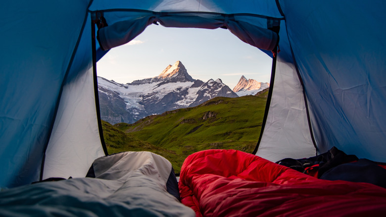 View of the mountains from a tent