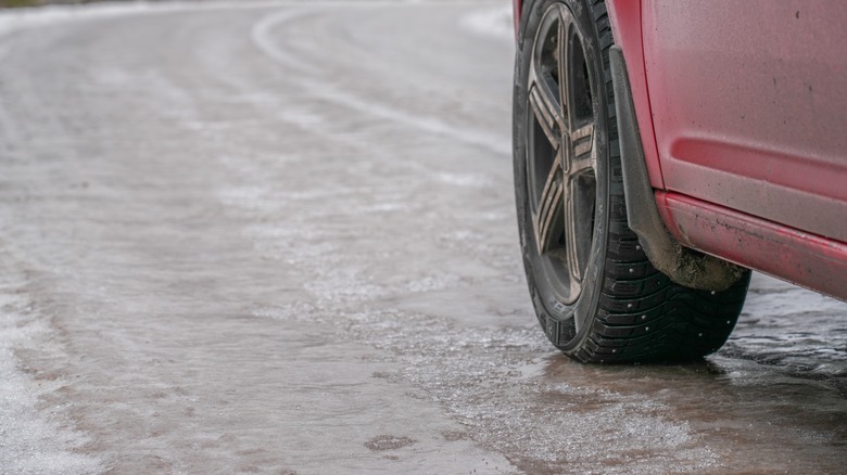 Car driving on icy road