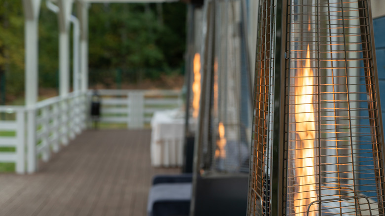 Standing gas heaters on a patio